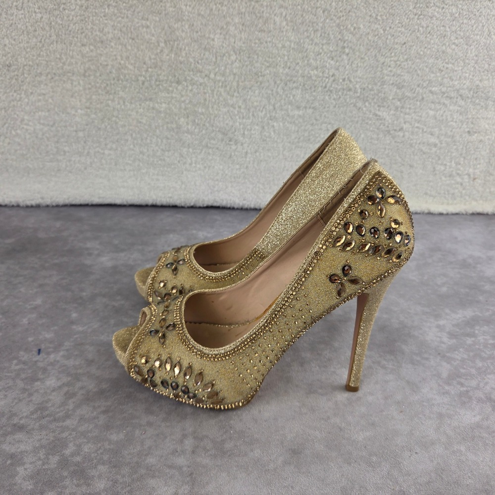 Vittorio D Firenze Gold Glitter Peep Toe Pumps Embellished Stiletto Heels Size 8